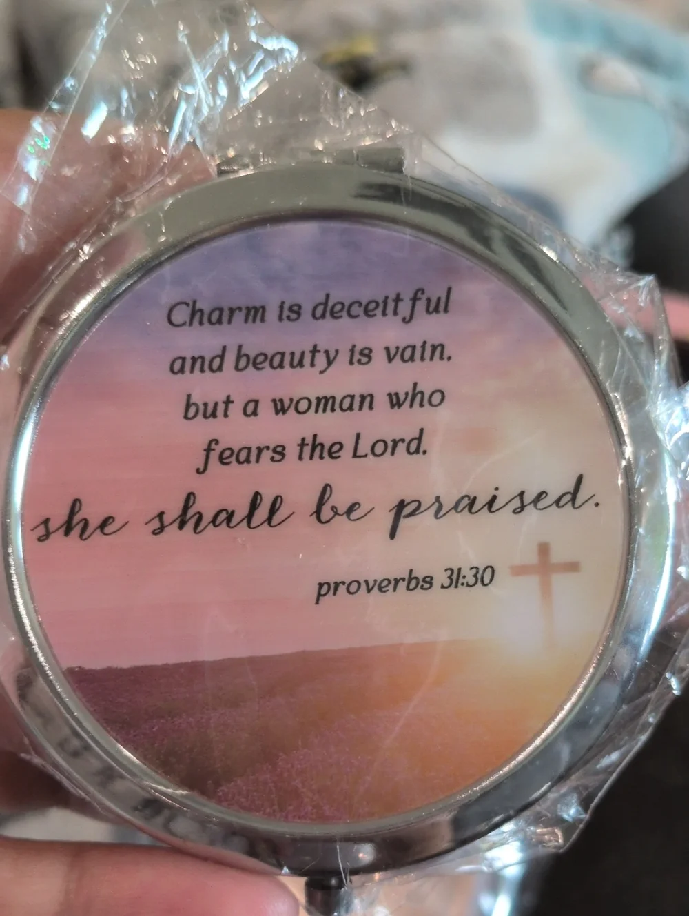 Inspirational Proverbs 31:30 Compact Mirror - Pink Lavender - Picture 1 of 4